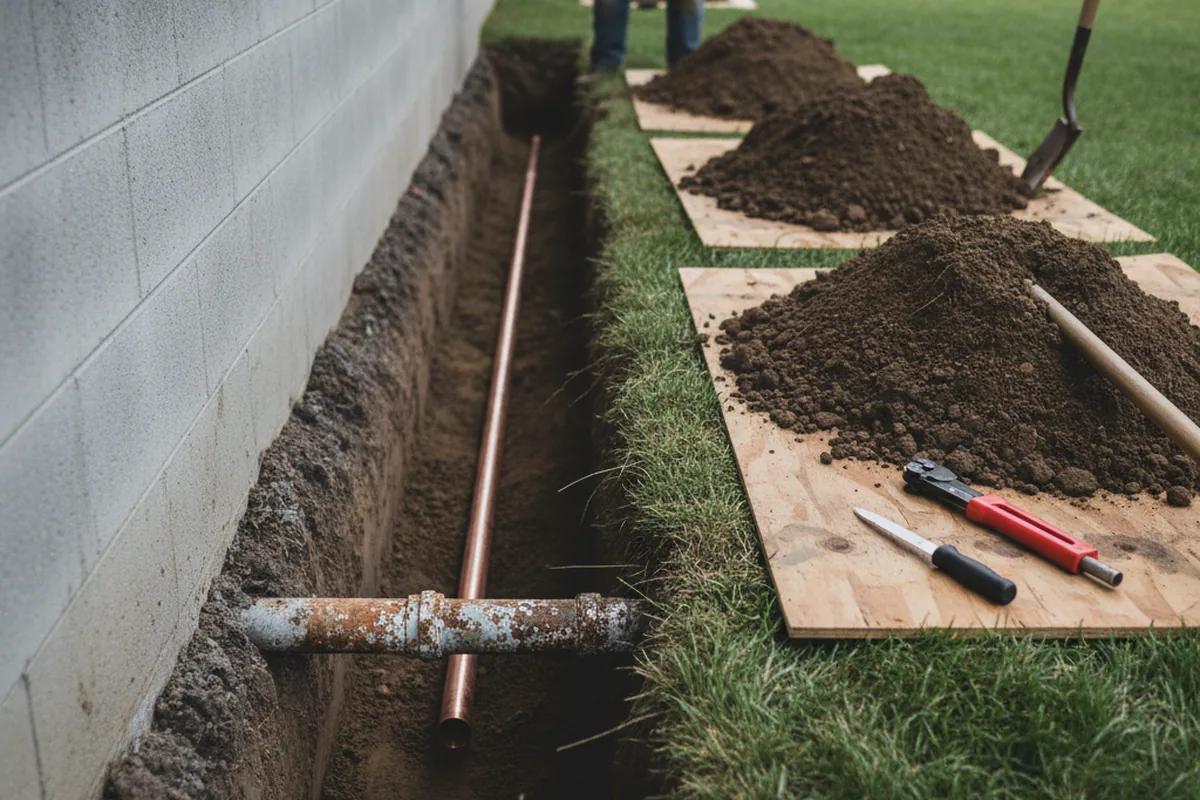 Excavated water line trench during Sewer Line Repair in La Porte